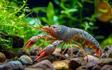 A close-up of a spotted crayfish in a freshwater aquarium.