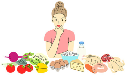Woman thinking what to choose from food products. Food, meal, dairy, meat and vegetables, illustration