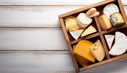 various types of cheese in wooden box on white wooden table, top view