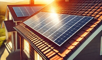 Solar panels on a roof at sunset