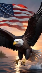 Naklejka premium A bald eagle with its wings spread, soaring against a backdrop of a waving American flag and a colorful sunset sky