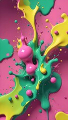 Fototapeta premium Colorful abstract paint splatter with pink, green, and yellow blobs on a pink background
