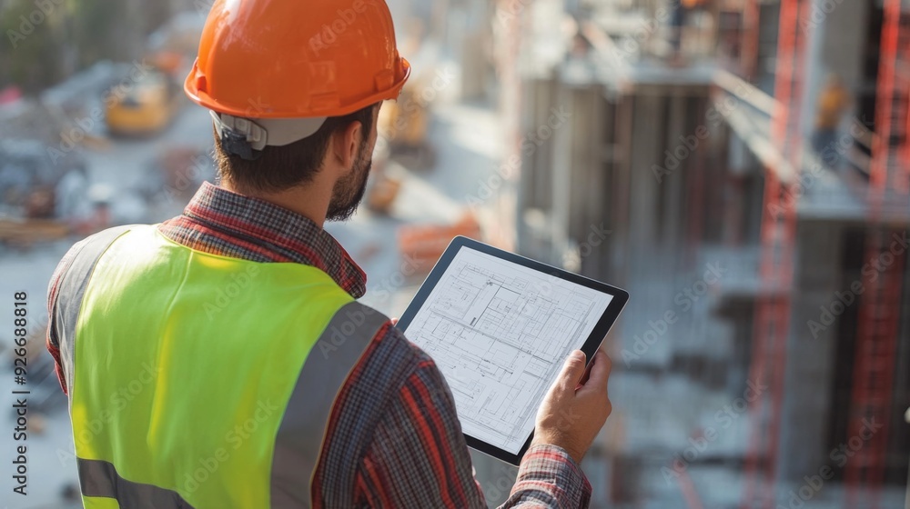 Poster a detailed shot of a site engineer holding a tablet with construction plans open, wearing a high-vis