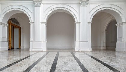 Fototapeta premium White wall with arched niches and marble floor