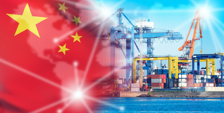 Seaport in China. Harbor for unloading cargo ships. Flag of China. Cranes for unloading sea vessels. Seaport in sunny weather. Ship harbor for merchant fleet. Sea export from China.