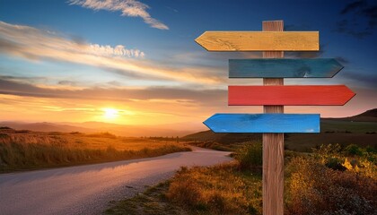 Wooden signpost with multiple blank colorful arrows pointing in different directions against a scenic sunset sky and road