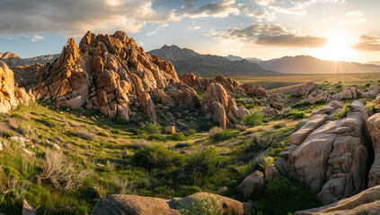 Fototapeta premium a panoramic view of a dome mountain bathed in the soft light of sunrise