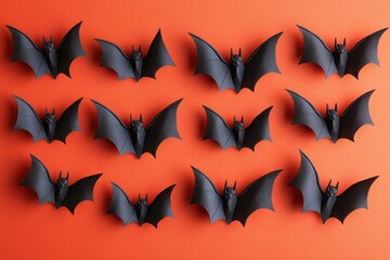 Naklejka premium Black bats flying across an orange background. Perfect for Halloween-themed designs and spooky decor.