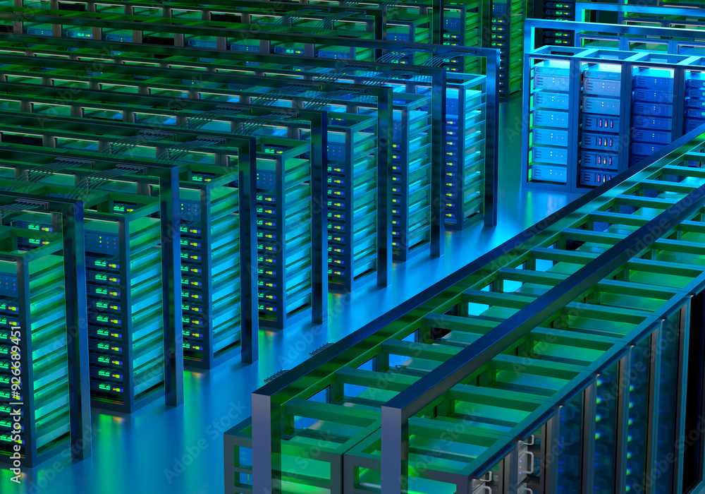Poster data center. servers equipment on premises. hosting technologies. telecommunications center. servers