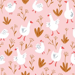 Cute farm birds seamless pattern in cartoon style. Digital animal repeat background. Baby fabric design. Poultry meat products packaging.