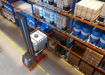 Electric pallet jack. Warehouse equipment. Logistics technologies. Robot pallet jack inside storage. Warehouse hangar with barrels and boxes. Unmanned pallet jack. Storehouse, storeroom. 3d image