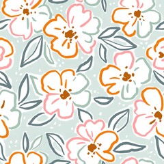 Beautiful floral female seamless pattern design in hand-drawn style. Gouache painting fabric design. Flowers and leaves in neutral colors.