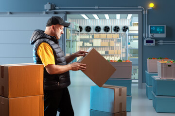 Man works in cold storage warehouse. Storekeeper with box. Containers with vegetables near cold storage. Unloading goods from industrial refrigerator. Man outside supermarket cold storage area.