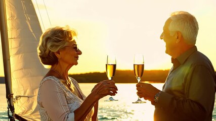 Senior couple clinking glasses and enjoying champagne on sailboat at sunset