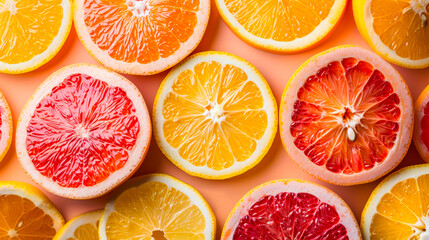 Assorted citrus slices on orange background