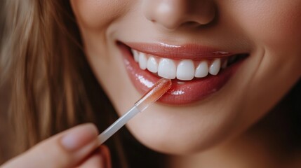 Naklejka premium A detailed shot of a woman using a lip gloss applicator, capturing the glossy finish and the care taken to achieve a polished, beautiful smile.