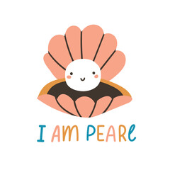 Sea shell and pearl. Vector sea illustration in cartoon style. Hand-drawn cute beach shell for baby t-shirt print. 
