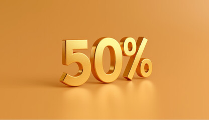 3D golden text "50%" on gold background, simple design