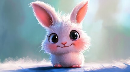 Obraz premium A cute white rabbit with big eyes and pink ears sits on a blue surface, looking up with a sweet smile.