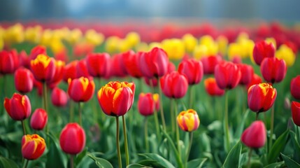 Vibrant Red and Yellow Tulips Blooming in a Field