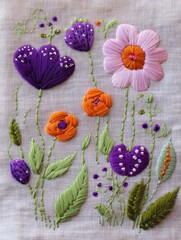 Fototapeta premium Detailed floral embroidery on gray fabric. Perfect for decoration and textile design projects.