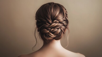 A detailed shot of a woman with a beautiful braid or updo, capturing the intricate details and texture of her styled hair against a neutral background.