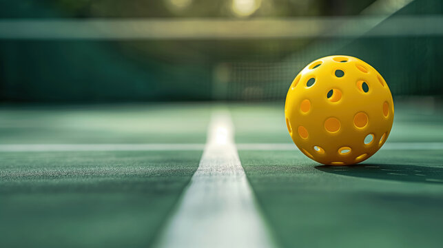 Pickleball on court closeup background image. Sports closeup outside pickle-ball with blurred backdrop. Extra room for text