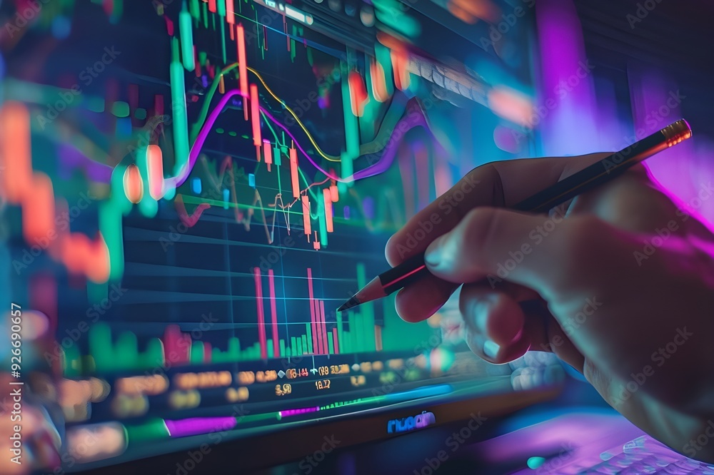 Poster close-up of a hand holding a pencil and pointing at a digital stock market chart on a computer scree