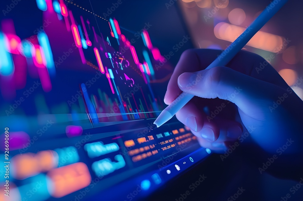 Aufkleber close-up of a hand holding a pencil and pointing at a stock market graph on a computer screen.