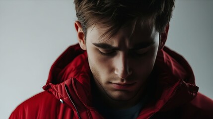 Fototapeta premium A man in a red jacket with his eyes closed