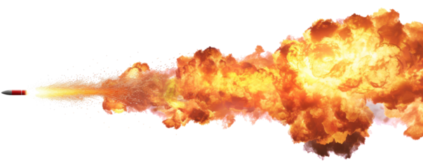 A missile rocket with fire trail isolated on transparent background.
