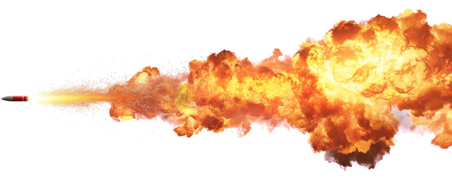 A missile rocket with fire trail isolated on transparent background.