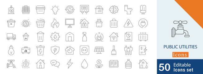 Set of 50 public utilities editable stroke icon symbols
