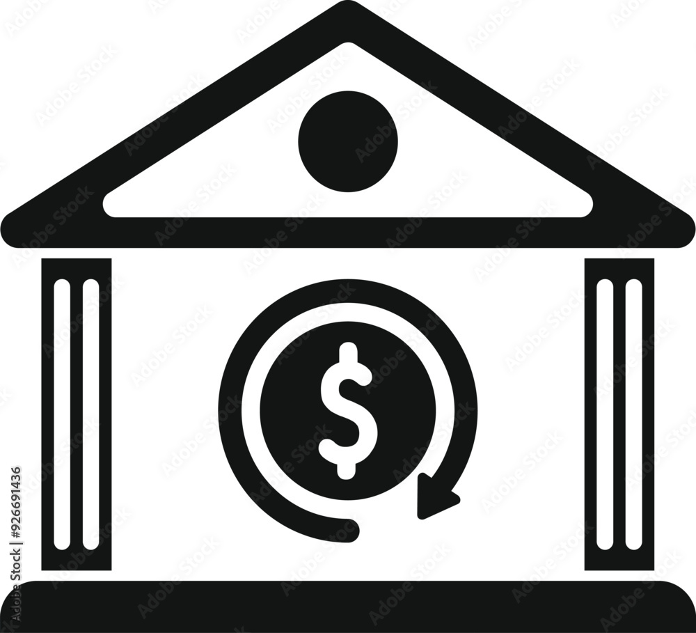 Wall mural black and white icon of a bank building with a dollar coin and a circular arrow