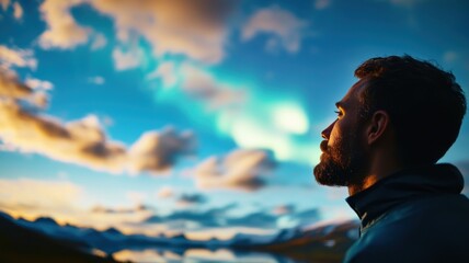 A man gazes at a stunning sunset sky with vibrant colors and clouds, evoking a sense of wonder and tranquility in nature.