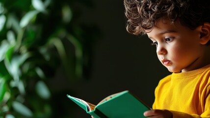 A young child engrossed in a book, surrounded by green plants, capturing the essence of curiosity and learning at home.