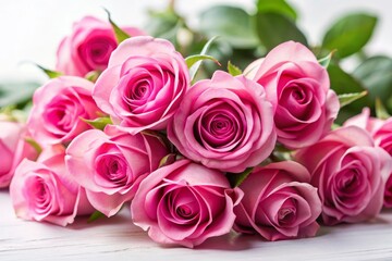 A bunch of pink roses, symbolizing love, beauty, romance, and affection, arranged on a white wooden surface.