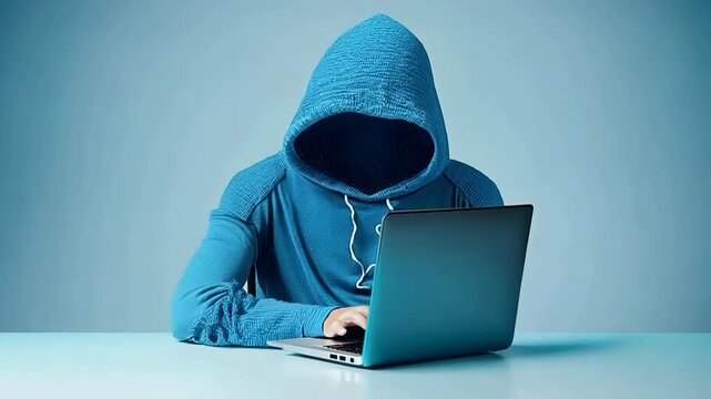 A person in a hooded sweatshirt engages in computer work, focusing intently on the screen in a low-light environment.