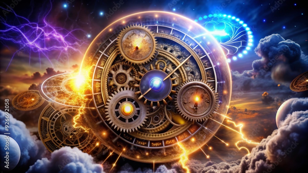 Poster a celestial timepiece with intricate gears and glowing orbs set against a backdrop of swirling cloud