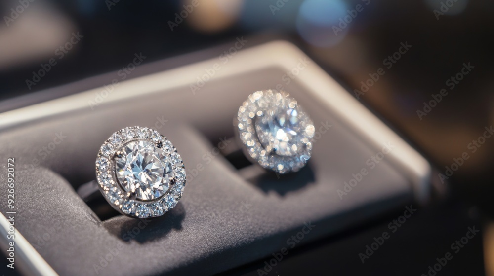 Aufkleber A detailed shot of diamond earrings in a display case, with a focus on the sparkle of the diamonds and the quality of the setting under soft lighting.