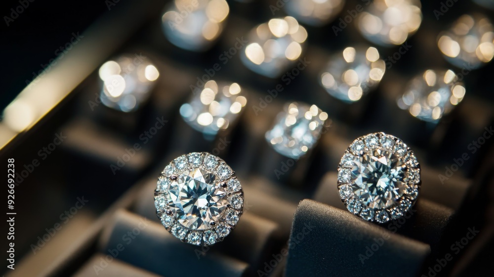 Poster A detailed shot of diamond earrings in a display case, with a focus on the sparkle of the diamonds and the quality of the setting under soft lighting.