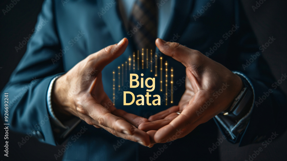 Aufkleber Man in formal attire holds a futuristic big data concept illuminated with golden lights