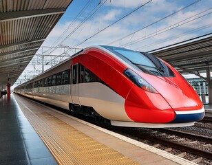 Fototapeta premium A red and white high-speed train is passing through a modern city train station.