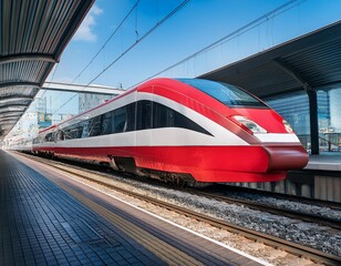 Naklejka premium A red and white high-speed train is passing through a modern city train station.