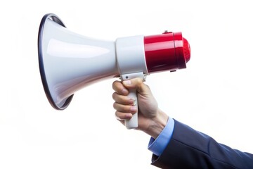 Fototapeta premium A close-up of a hand holding a white megaphone with a red handle, symbolizing communication, announcement, public address, attention, and reaching an audience.