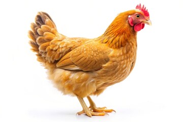 Fototapeta premium A close-up of a golden hen standing on a white background. It represents farm life, agriculture, poultry, eggs, and natural food.