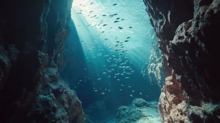 A rocky underwater cave, with schools of fish swimming through the narrow passageways.