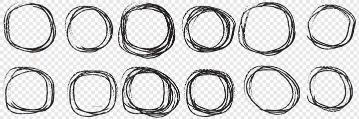 Black circle line hand drawn set. Highlight hand drawing circle isolated on background.  For marking text, note, mark icon, number, marker pen, pencil and text check, vector. Round handwritten circle.