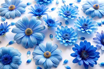 A close-up shot of a beautiful bouquet of blue flowers arranged on a white background. The flowers are delicate and vibrant, symbolizing purity, peace, and serenity.