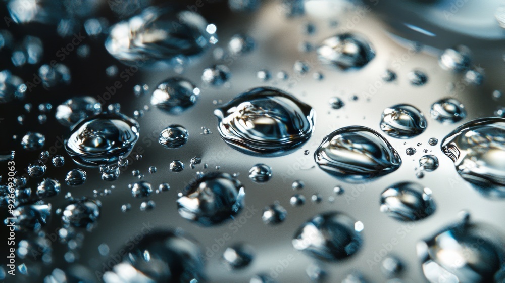 Fototapete A detailed shot of water droplets on a metallic surface, with reflections and highlights creating a textured, visually interesting pattern.